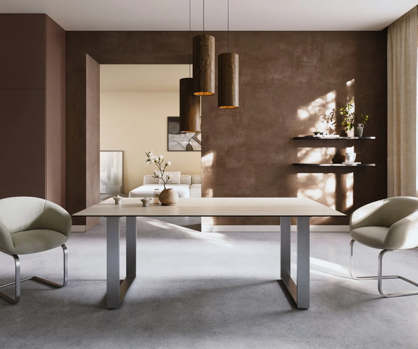 Esstisch Edge 200x100 Keramik Laminam® Travertino Bianco Creme-Weiß Edelstahl Schmal