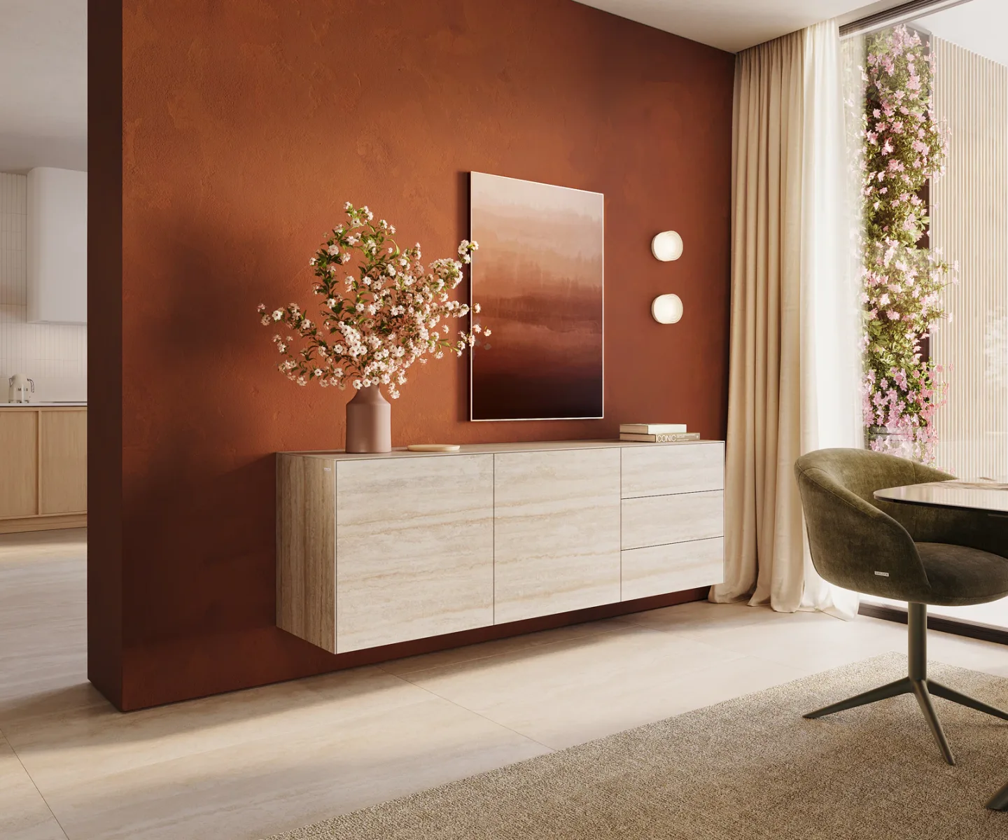 Sideboard Cuor 180 cm Keramik Laminam® Travertino Bianco Creme-Weiß 2 Türen 3 Schubfächer Schwebend