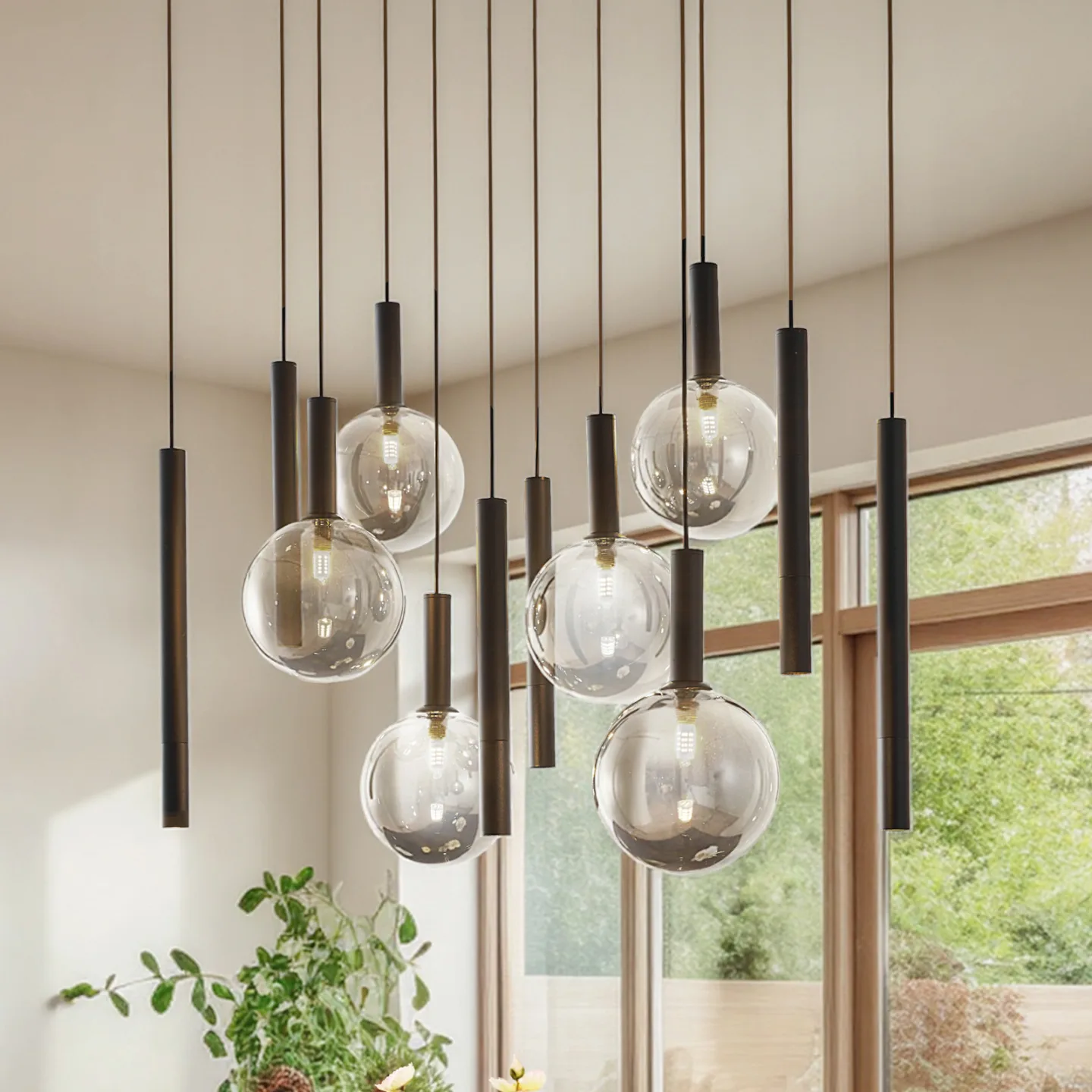Lumavia hængelampe, sort/klar, G9, glas, 12 lyskilder - Lucande - Spisestue - Moderne - Med flere lyskilder