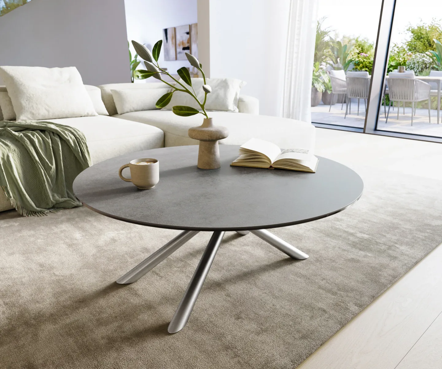 Couchtisch Edge Rund 100x100 cm Keramik Beton Grau Sarity Edelstahl gebürstet