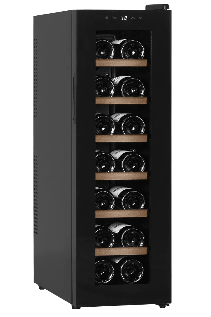 Weinkühlschrank freistehender schwarz, Cavin Northern Collection 14, eine Temperaturzone, 14 Flaschen, leiser Weinkühlschrank, günstiger Weinkühlschrank, B: 27,3 x H: 84,5 x T: 55 cm