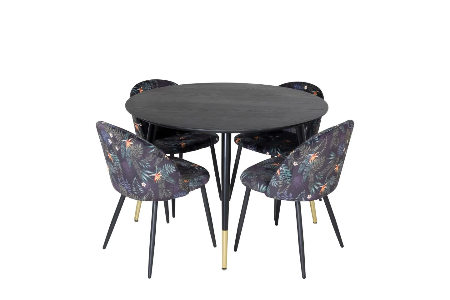 Dipp Matgrupp 115 cm Rund med 4 Velvet stolar - Svart/Guld