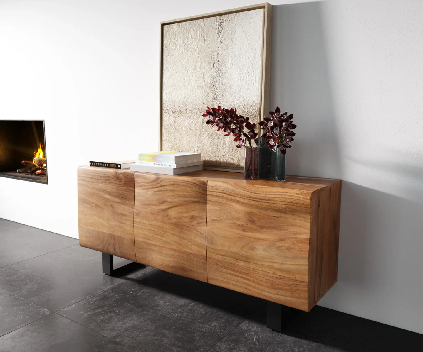 Sideboard New Live-Edge 145 cm Akazie Natur 3 Türen Kufe Metall Schwarz