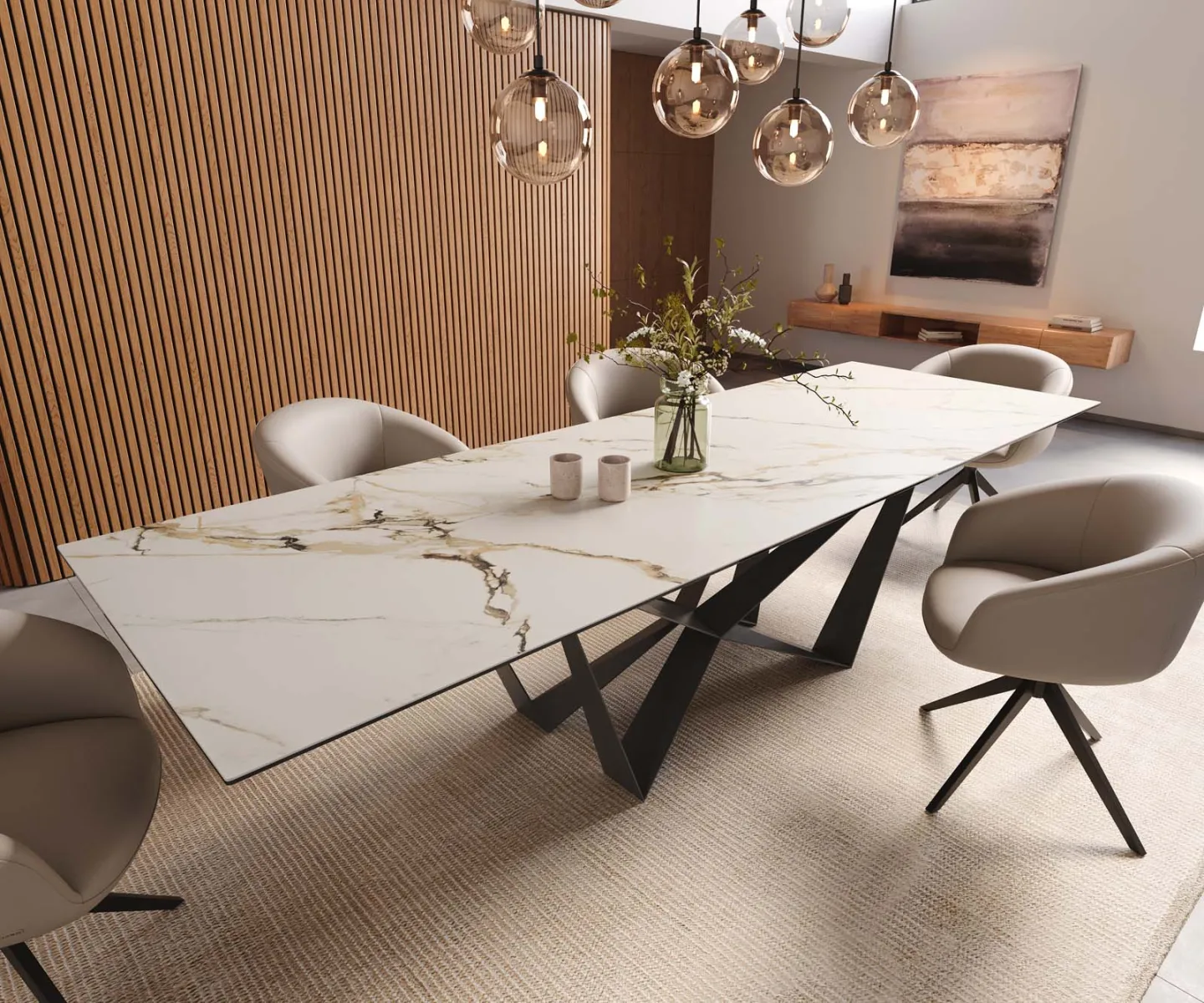 Esstisch Edge 300x100 Keramik Calacatta Luxe Weiß-Gold-Grau Spider Flachstahl Schwarz