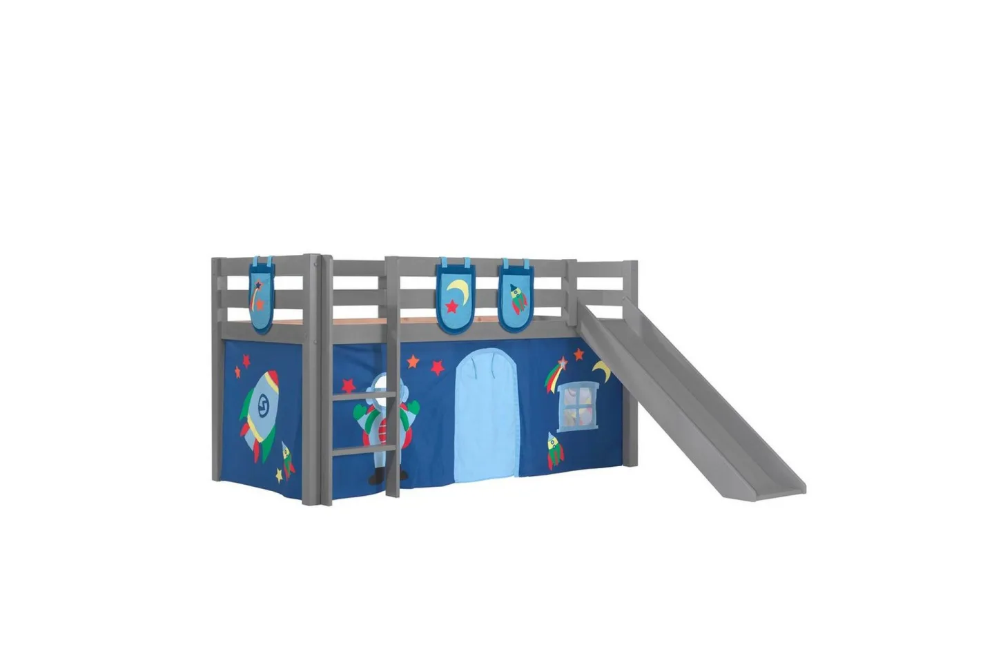 Halvhöjdssäng med gardin Pino Astro Grå, Grå, Med rutschkana, Utan tunnel, 3 - Grå, Grå, Med rutschkana, Utan tunnel, 3