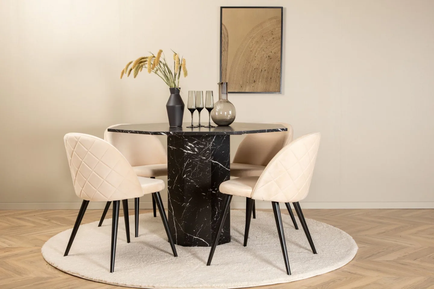 Marbs Matgrupp 110 cm Rund med 4 Velvet stolar - Beige