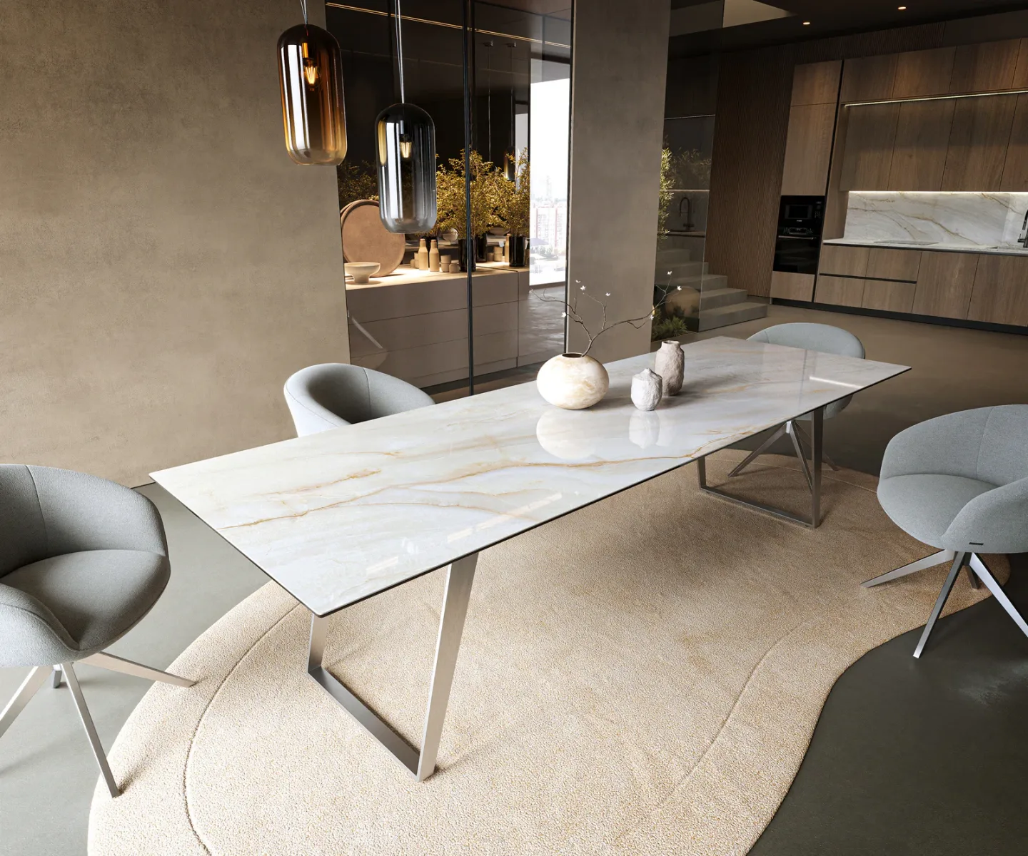 Esstisch Edge 300x100 cm Keramik Onyx Pearl Edelstahl Schräg