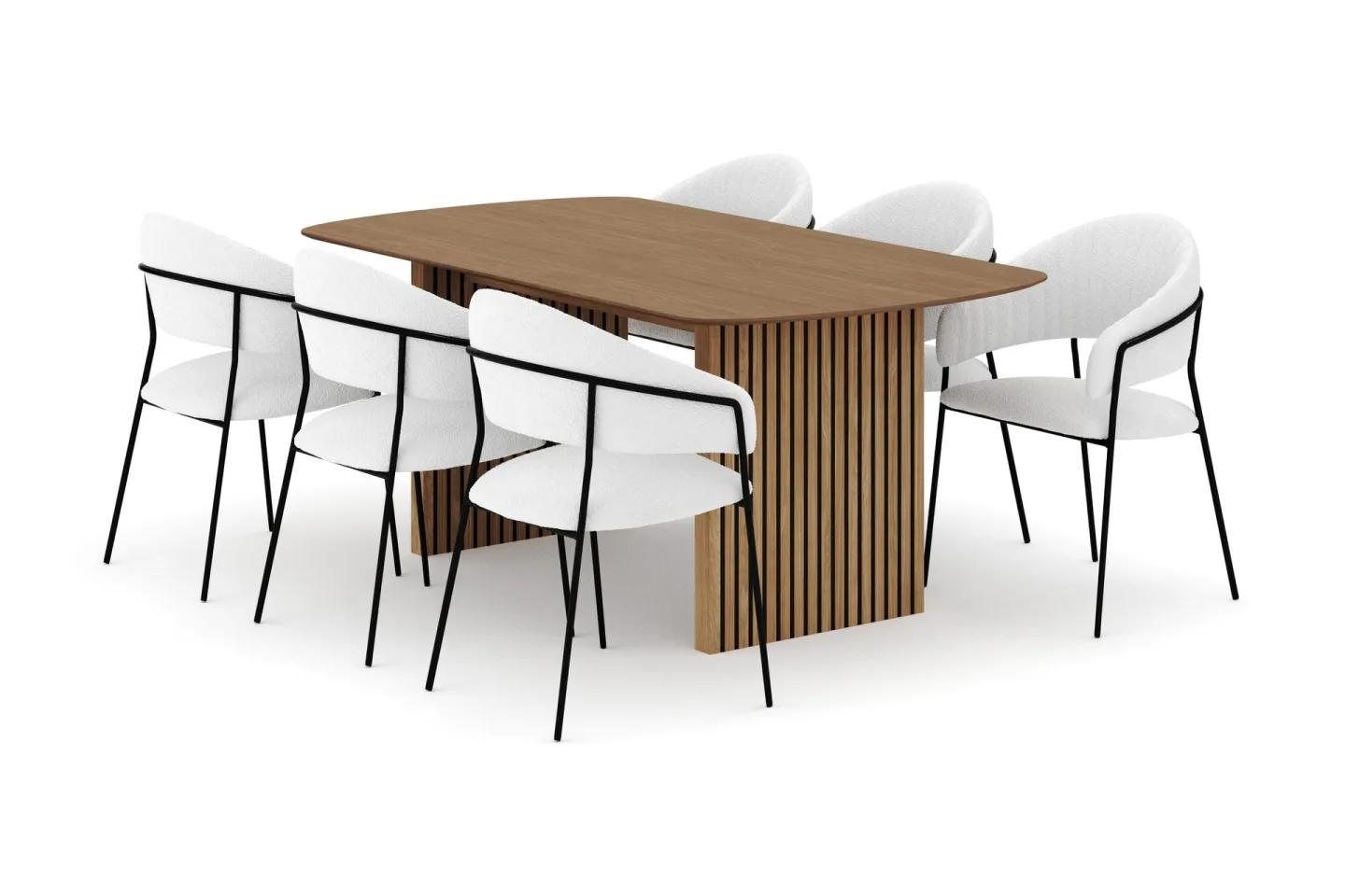 Richeto Matbord 180 cm med 6 Karol Matstolar - Naturlig finish / Vit Bouclé