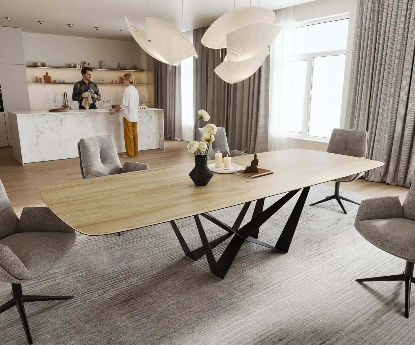 Esstisch Edge Boot 240-300x120 cm Keramik Laminam® Sabbia Eichefarbig Spider Flachstahl Schwarz ausziehbar
