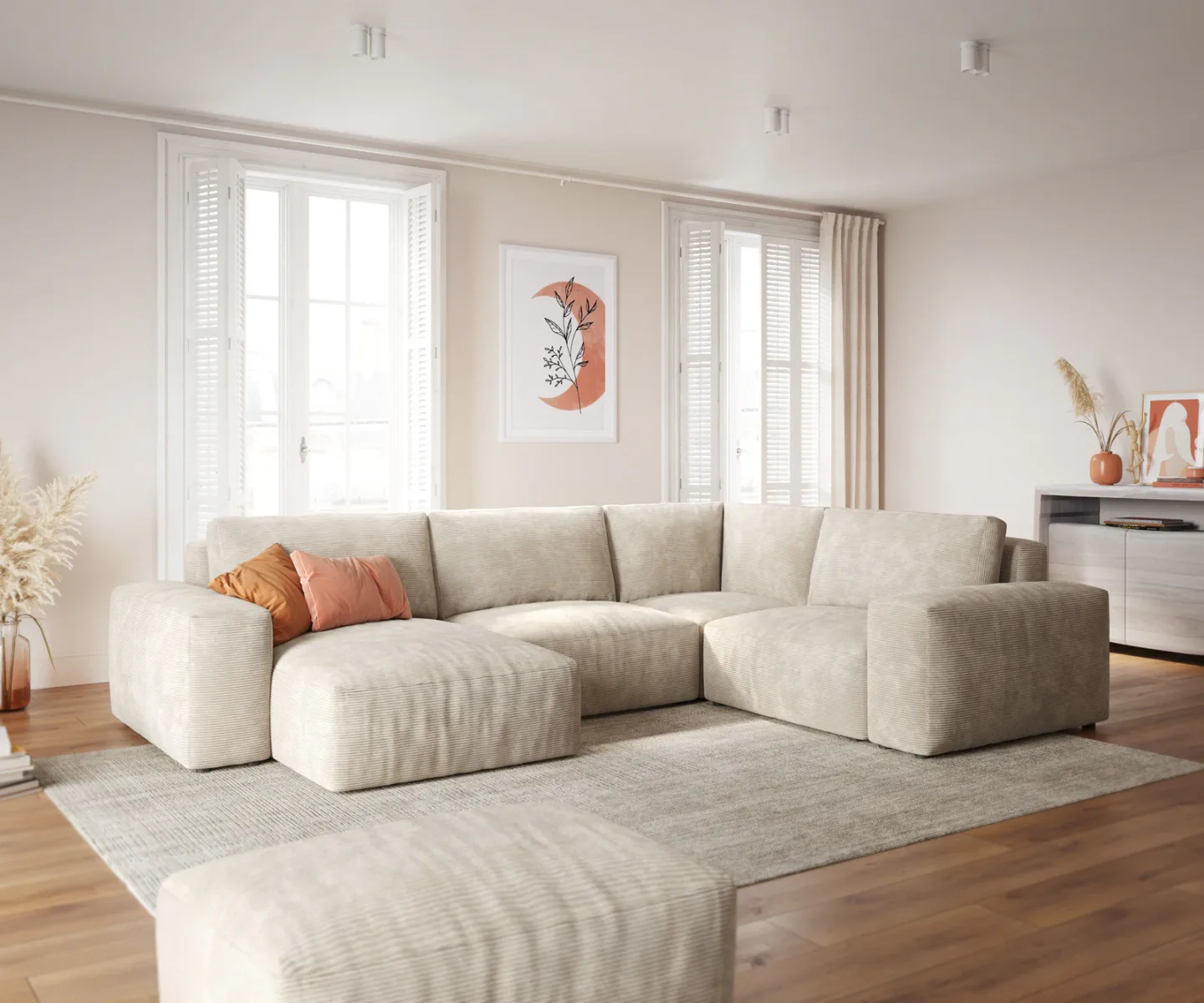 Wohnlandschaft Lanzo 300x210 cm Cord Beige Recamiere variabel mit Hocker