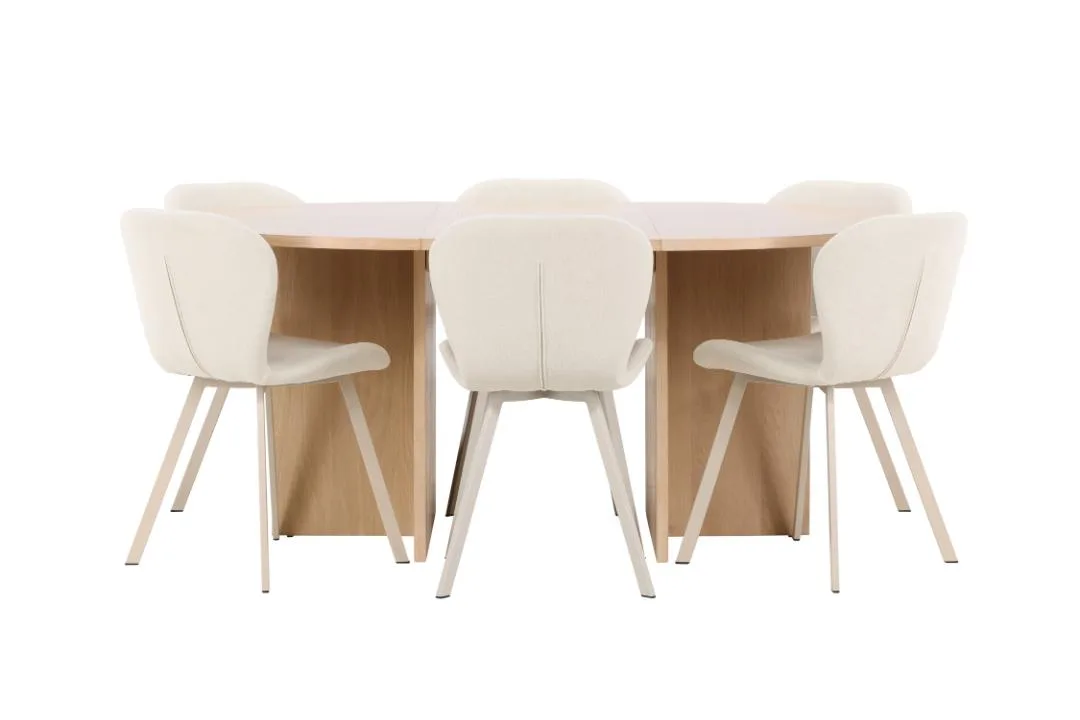 Strada Essgruppe Ausziehtisch Ø120cm, 170cm und 6 Stühle whitewash, beige.