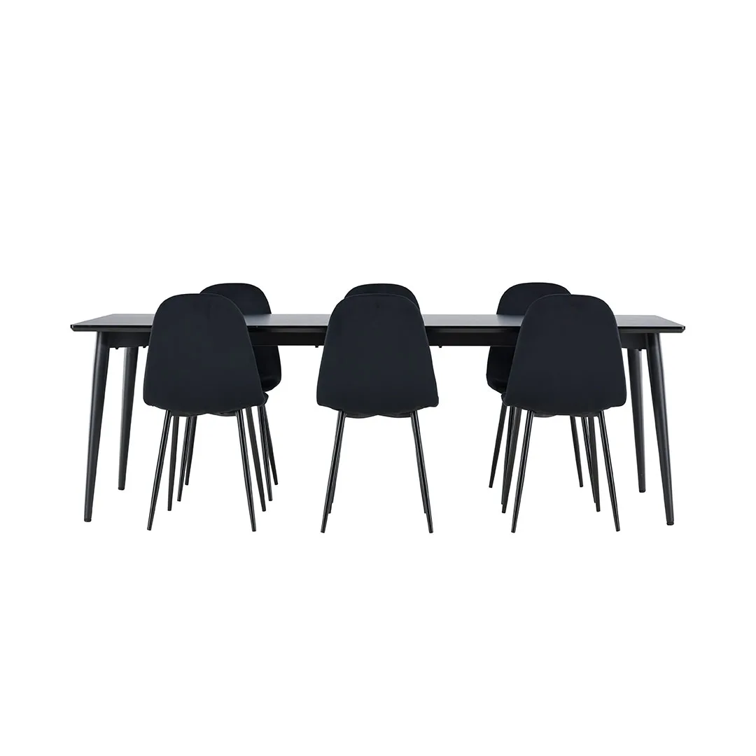 Ellis Essgruppe Tisch 85x230cm und 6 Velours Stühle schwarz.