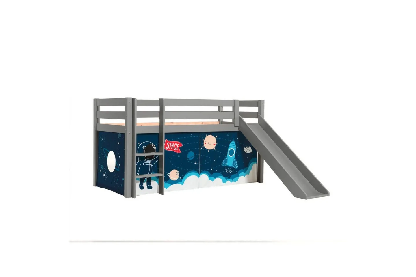 Halvhög Säng med gardin och rutschkana Pino Grå, Rymdfärja - Grå, Rymdfärja