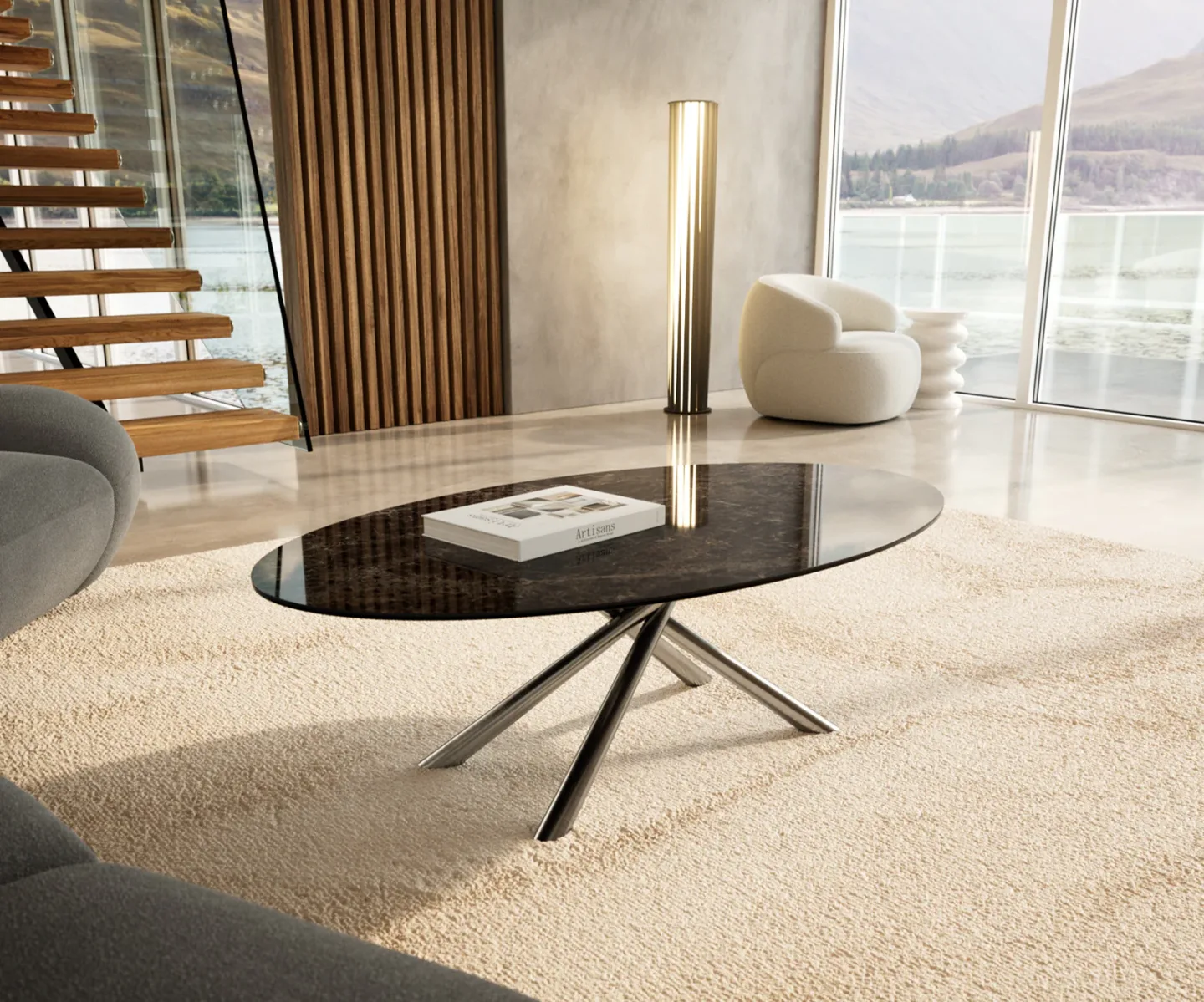 Couchtisch Edge Oval 140x80 cm Keramik Emperador Extra Lucidato Dunkelbraun Sarity Edelstahl gebürstet