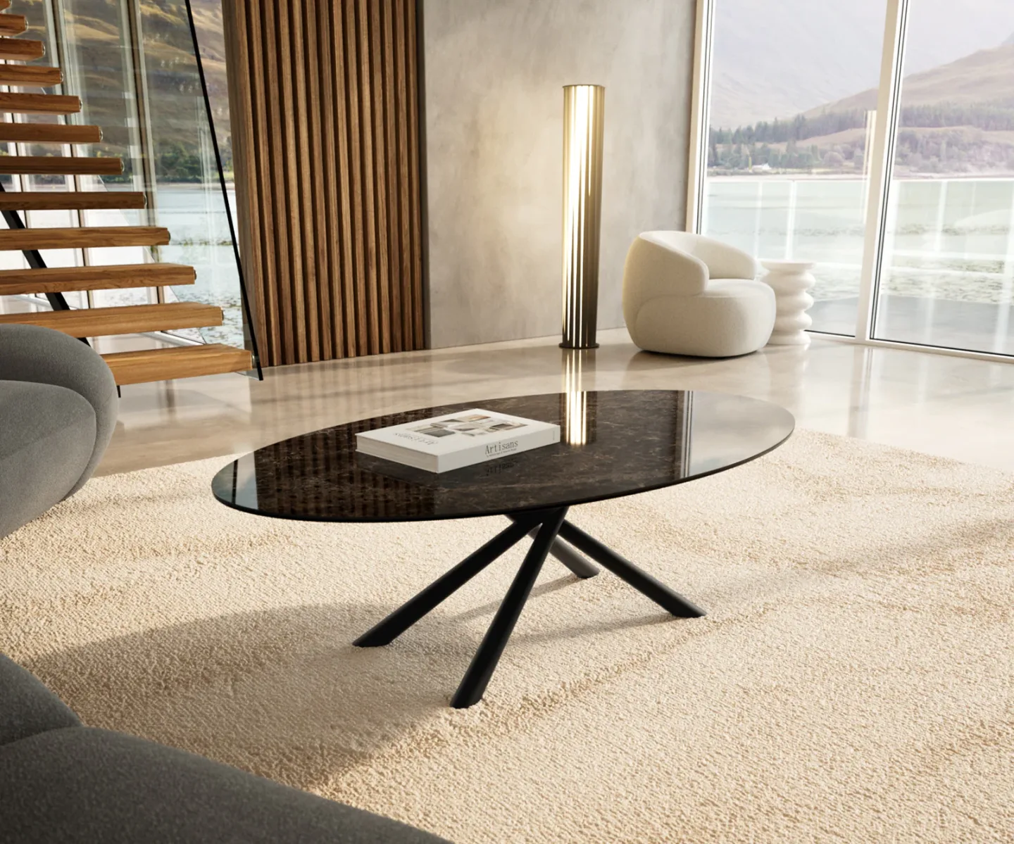 Couchtisch Edge Oval 140x80 cm Keramik Emperador Extra Lucidato Dunkelbraun Sarity Metall Schwarz