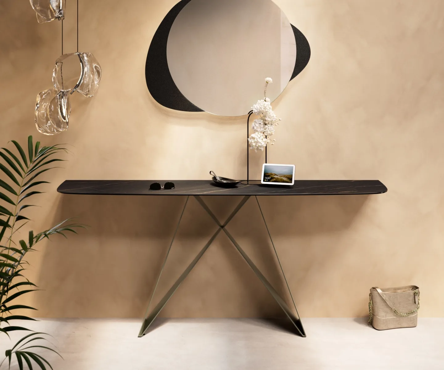 Konsolentisch Edge Boot 180x40 cm Keramik Laminam® Noir Desir Braun Velio Metall Effektfinish Titan