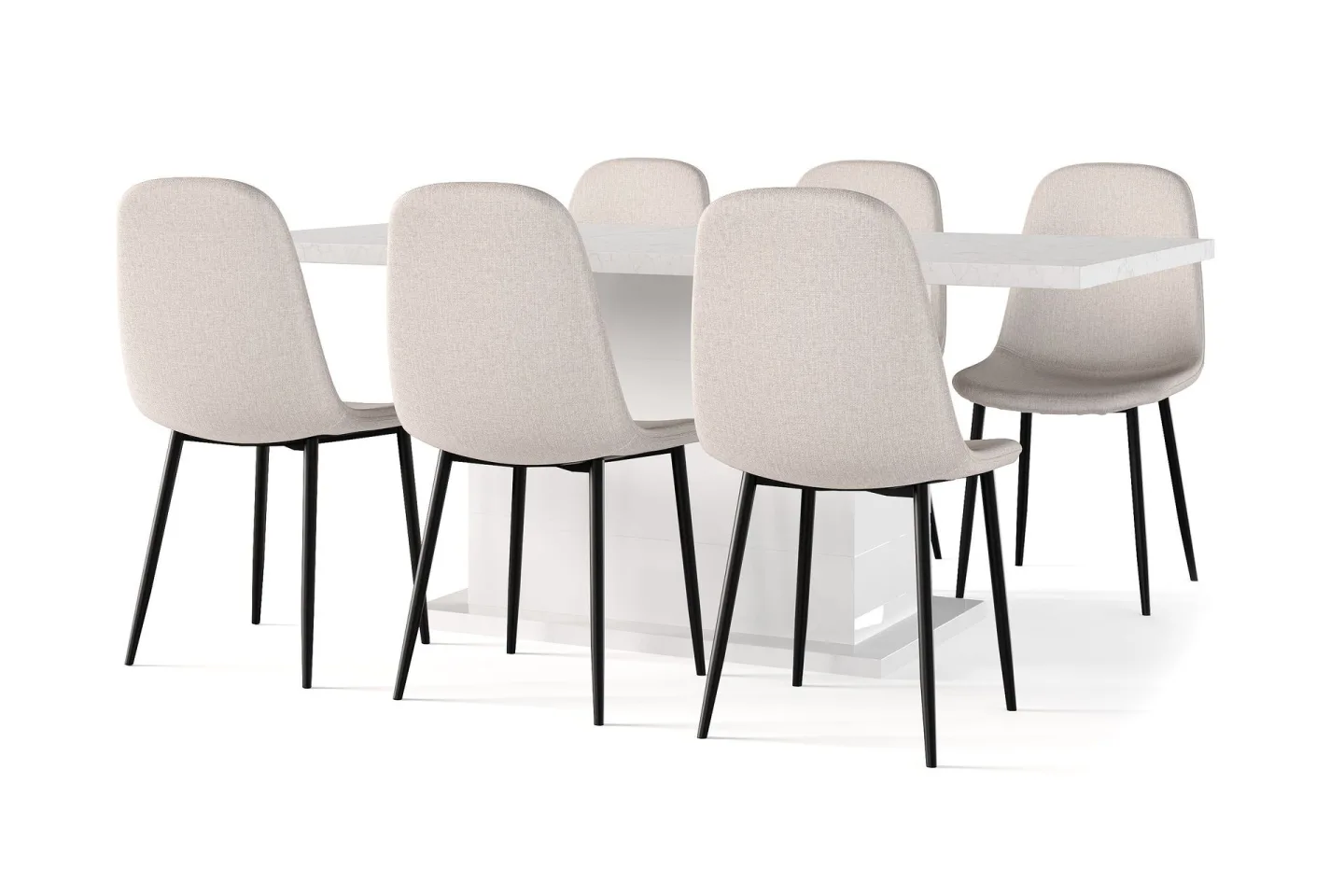 Ratliff Matbord 180 cm Förlängningsbart med illäggsskiva + 6 st Nibe stol beige med svarta ben - Vit/Beige