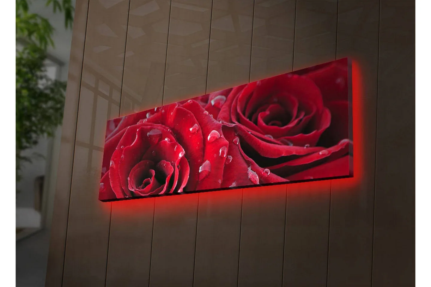 Canvastavla med LED-belysning 30x90 cm - Djupa röda rosor med vattendroppar - Röd / Grön