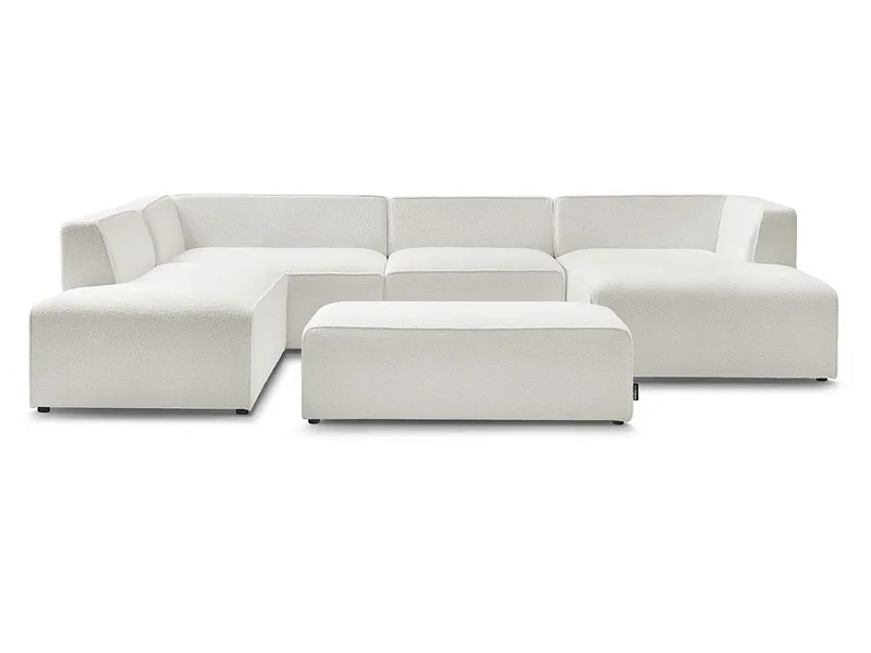 Panorama-Ecksofa mit Hocker BOBOCHIC MEGEVE Boucle-Stoff weiss