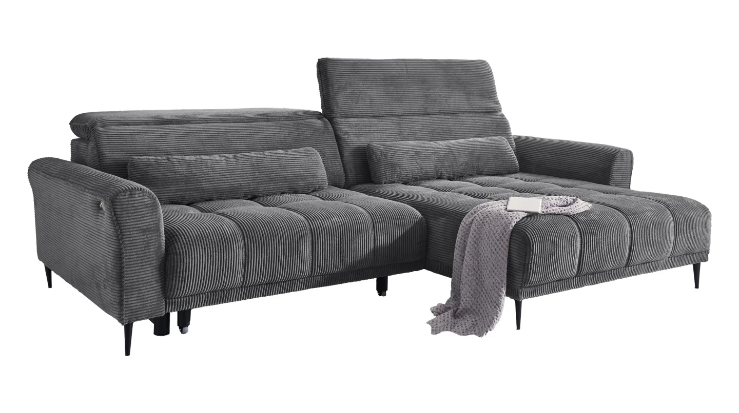 Ecksofa Cord grau elektrisch ausfahrbar 277 cm - OT rechts - LOGAN