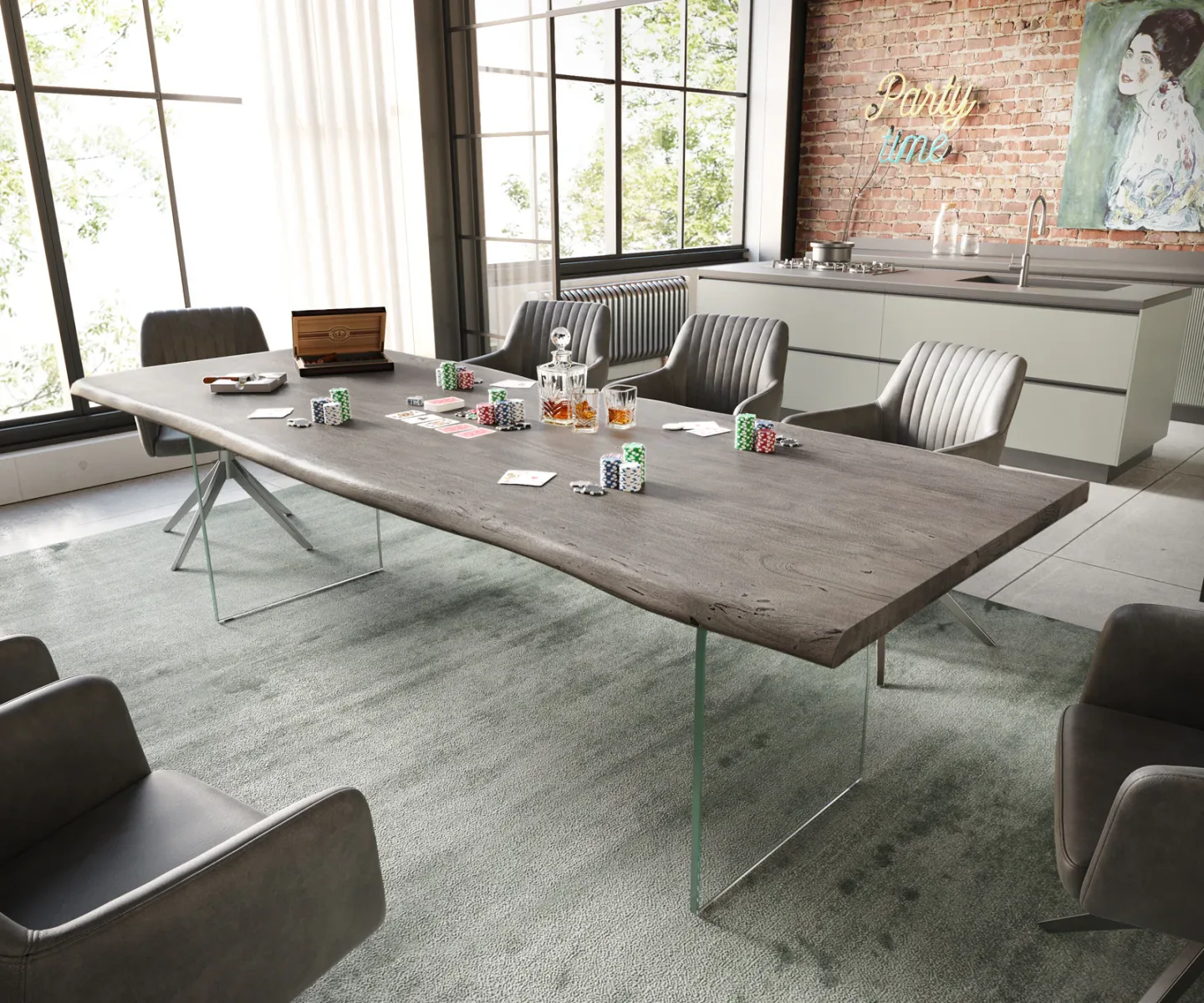 Esstisch Edge 260x100 Akazie Platin Glas Live-Edge