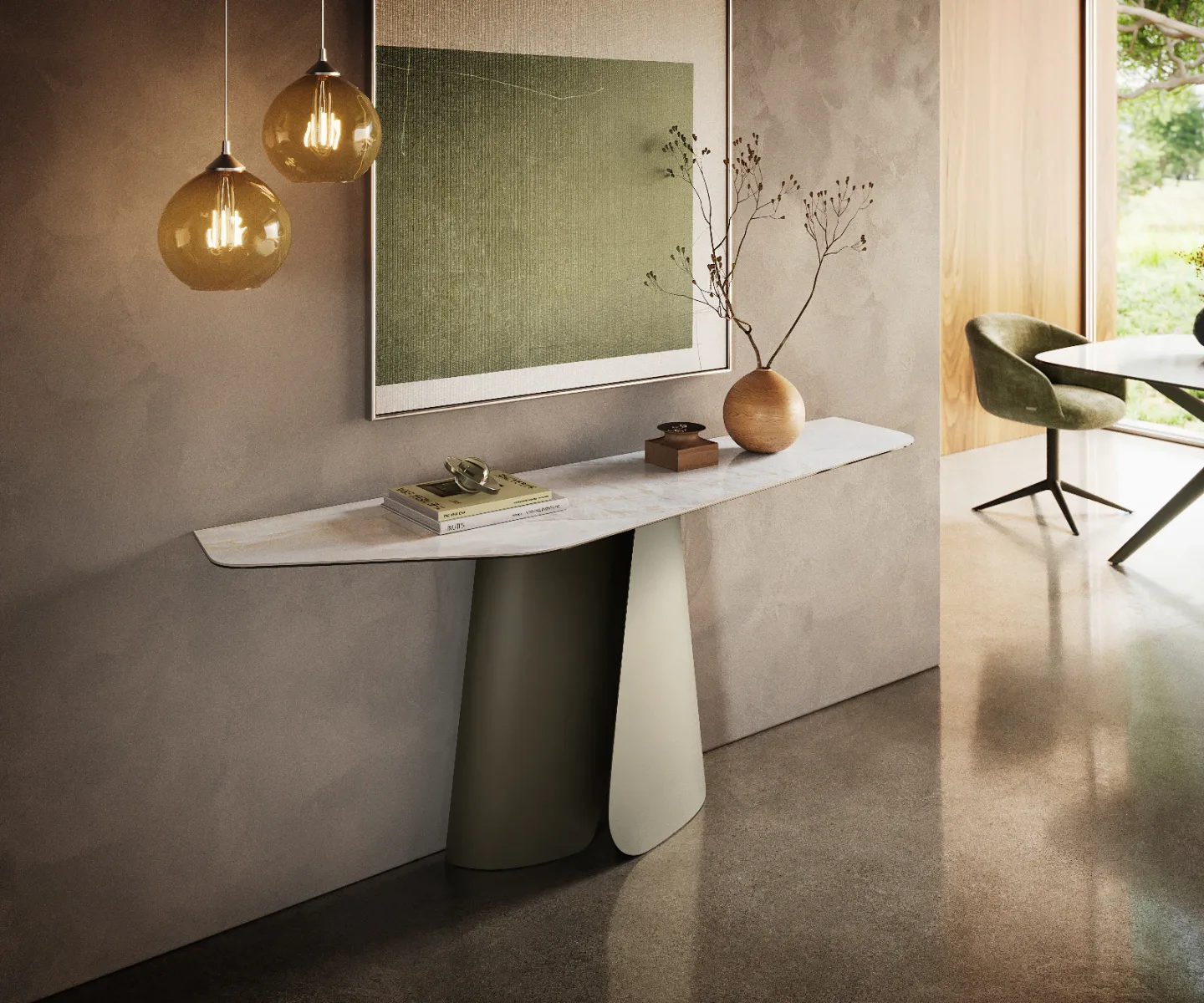 Konsolentisch Edge Polygonal 180x50 cm Keramik Onyx Pearl Livos Metall Effektfinish Titan