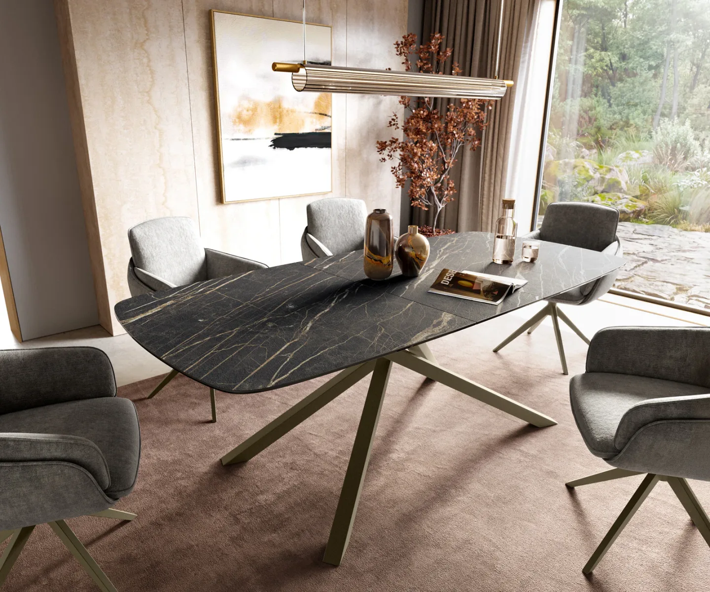 Esstisch Edge Boot 180-220x100 cm Laminam® Keramik Noir Desir Braun Kreuzgestell Rechteck Effektfinish Titan ausziehbar