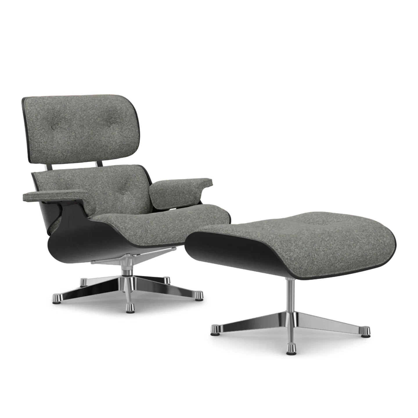 Vitra - Eames Lounge Set Black Chestnut Nubia Salt’N Pepper 10 Polished Aluminium - Fåtöljer - Charles & Ray Eames - Grå
