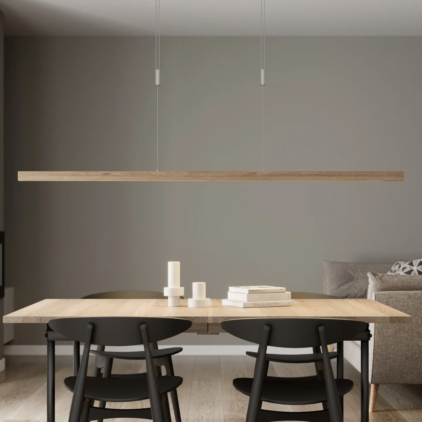 LED-Pendellampe Nora, Eiche natur, Länge 158 cm - Quitani - Wohnzimmer - Modern - Holz - Einflammig