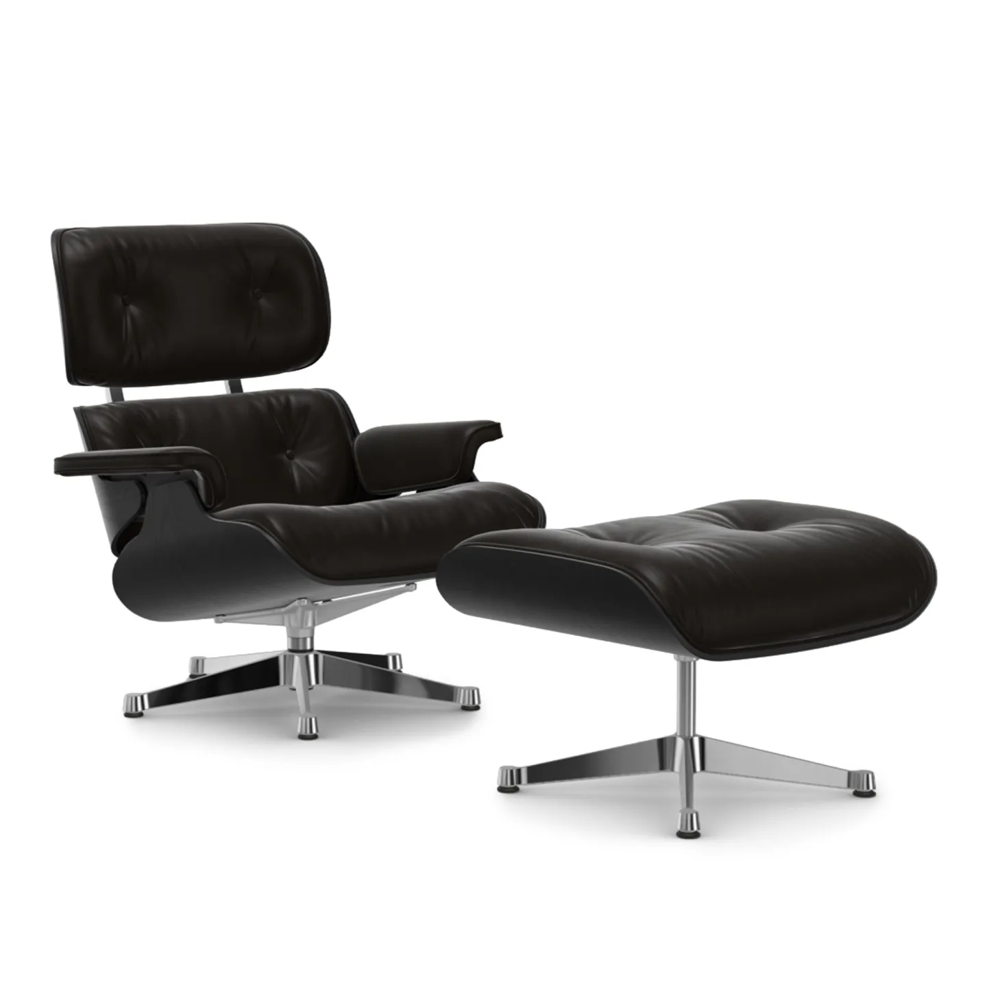 Vitra - Eames Lounge Set Black Chestnut Leather Natural Chocolate 68 Polished Aluminium - Fåtöljer - Charles & Ray Eames - Brun