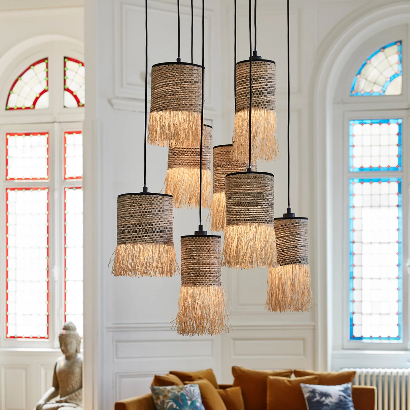 Formentera hængelampe Ø 50 cm, palmefibre, 8 lyskilder - MARKET SET - Stue - Design - Med flere lyskilder