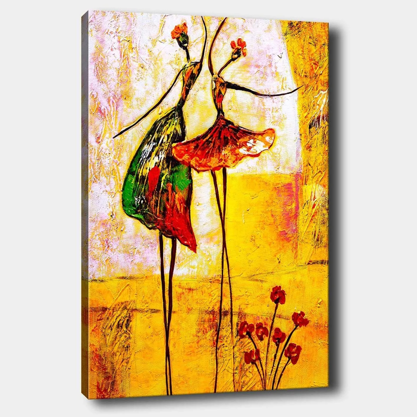 Canvastavla 70x100 cm - Två stiliserade dansare i färgglada klänningar som uttrycker glädje och rörelse - Röd / Grön / Gul