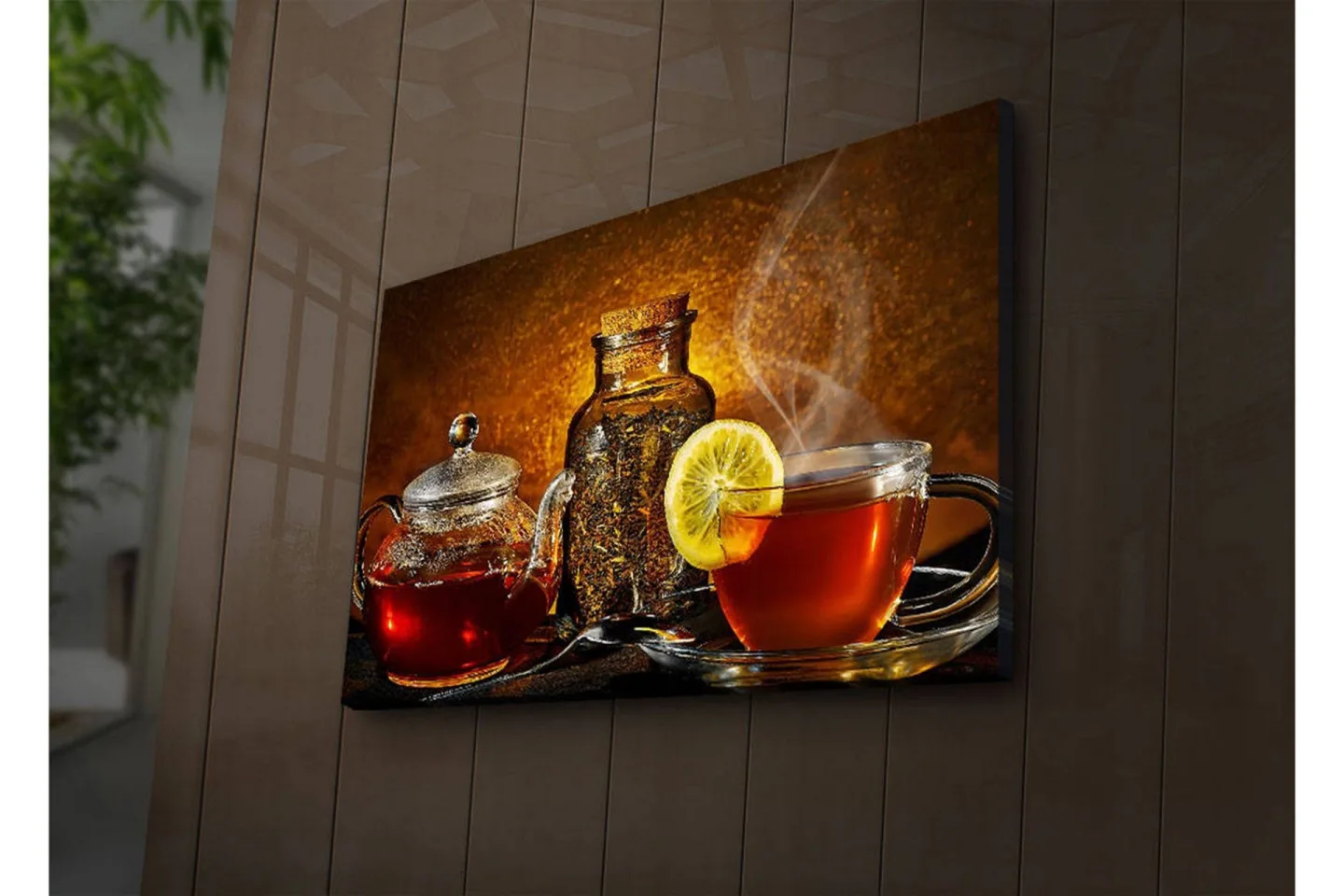 Canvastavla med LED-belysning 45x70 cm - Varm och inbjudande teuppsättning med citronskiva - Röd / Brun / Gul