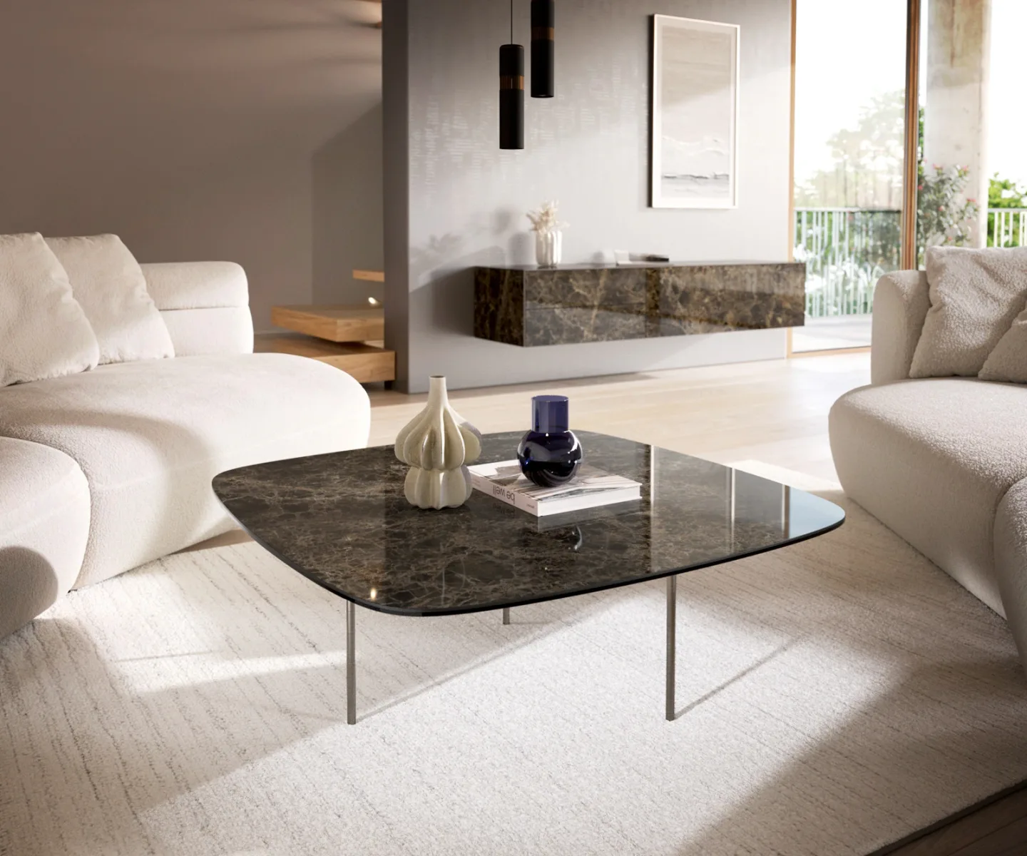 Couchtisch Edge Boot 90x90 cm Keramik Emperador Extra Lucidato Dunkelbraun Trive Edelstahl gebürstet