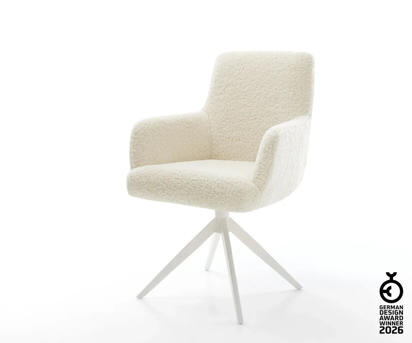 Drehstuhl Heira-Flex mit Armlehnen Teddystoff Beige Kreuzgestell breit Weiß 360° drehbar Wippfunktion Taschenfederkern