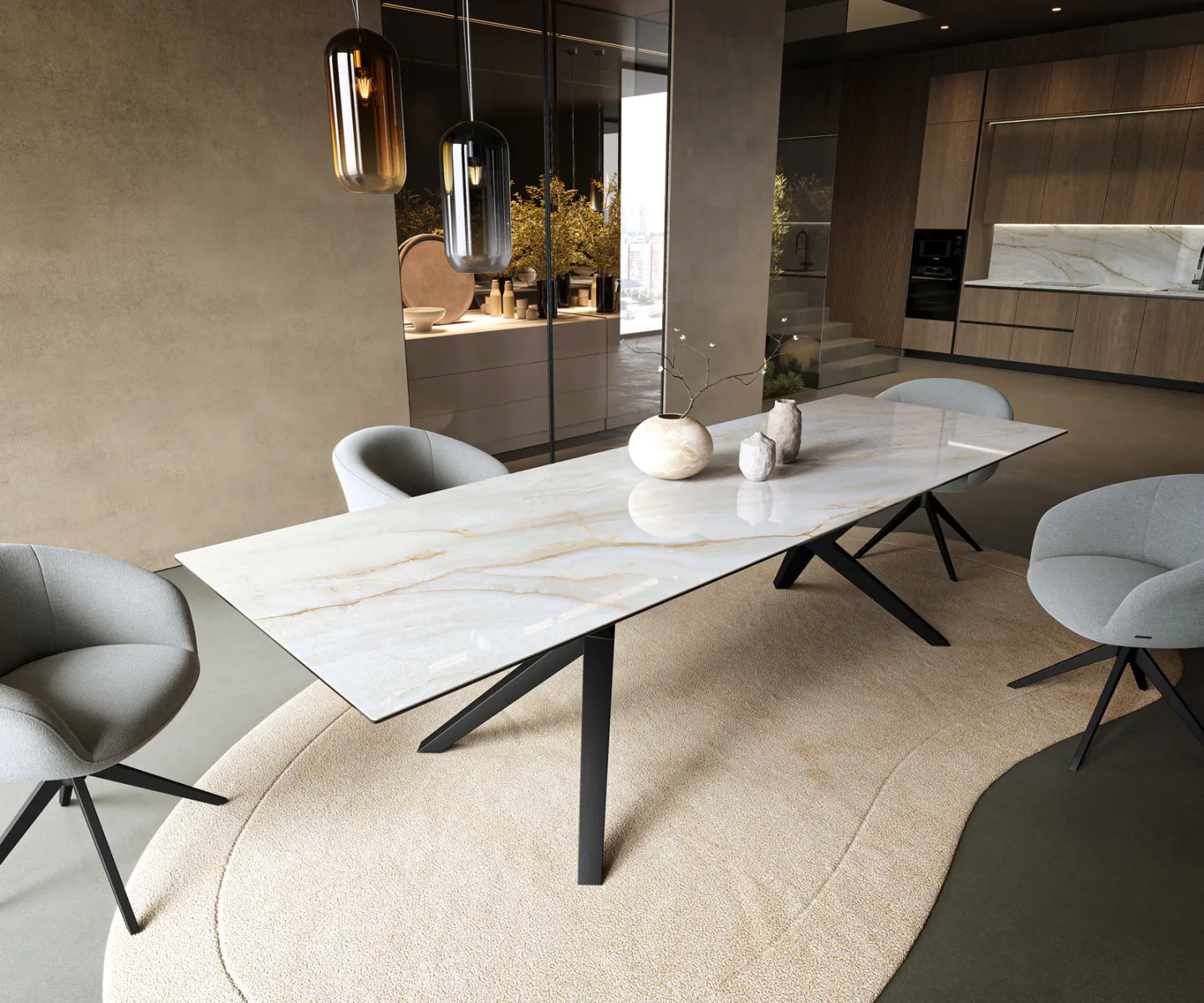 Esstisch Edge 300x100 cm Keramik Onyx Pearl Zenthara kantig Metall Schwarz