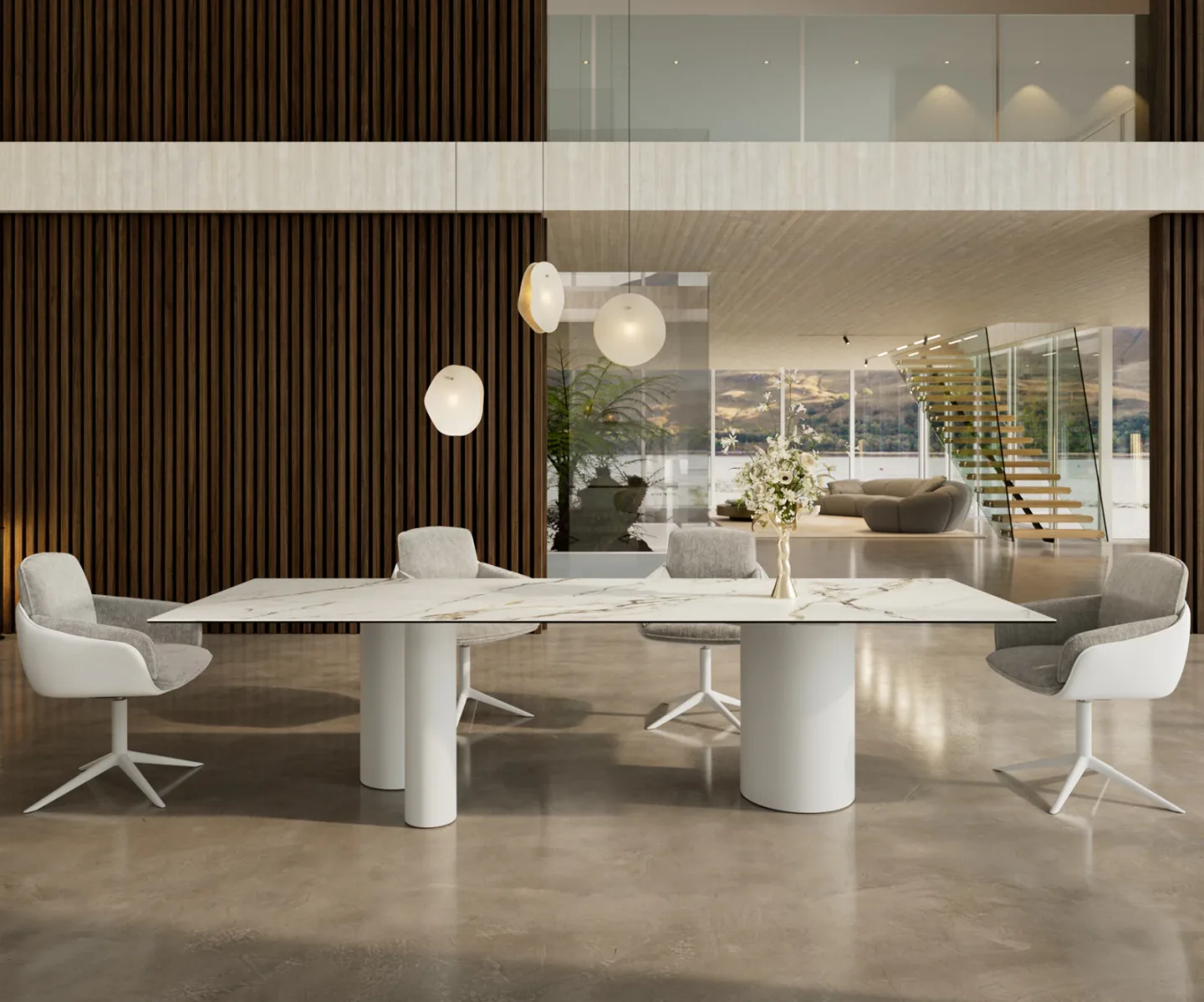 Esstisch Edge 300x100 Keramik Calacatta Luxe Weiß-Gold-Grau Troa Metall Weiß