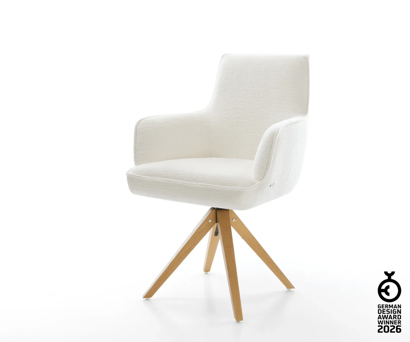 Drehstuhl Heira-Flex mit Armlehnen Bouclé Soft Beige Holzgestell kantig Natur 360° drehbar Taschenfederkern