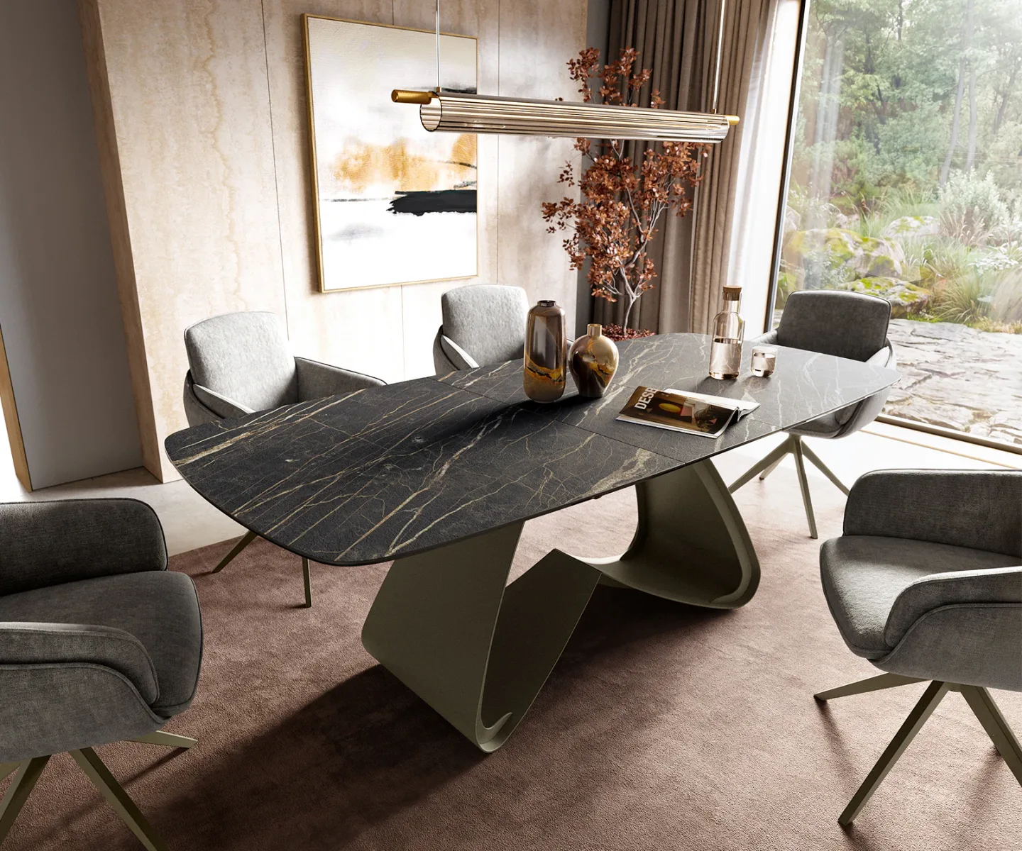 Esstisch Edge Boot 180-220x100 cm Laminam® Keramik Noir Desir Braun W-Gestell Metall Effektfinish Titan ausziehbar