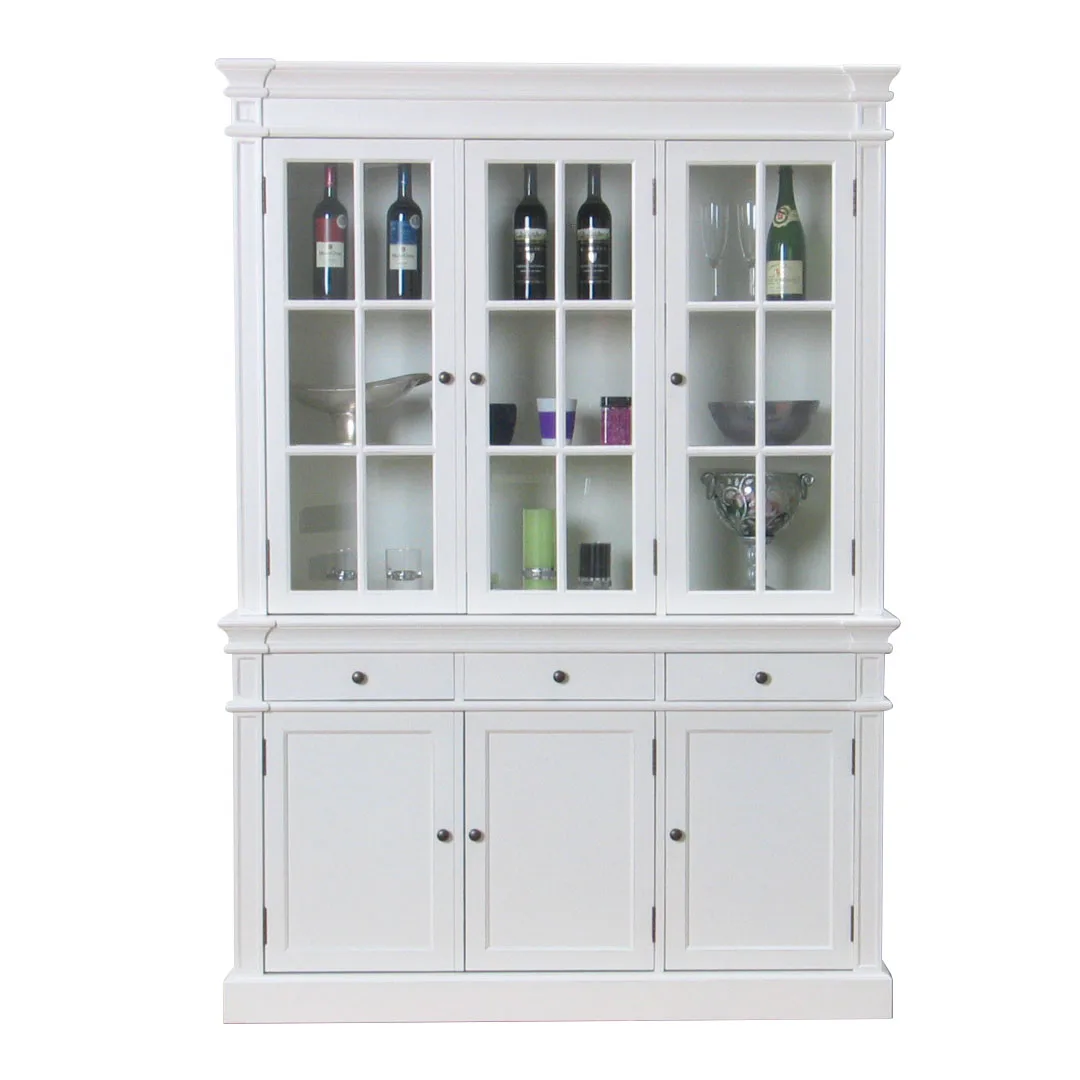 Amaretta 3-Türig Vitrinenschrank antik weiß, antik patinert. Breite142 cm, Höhe 200 cm.