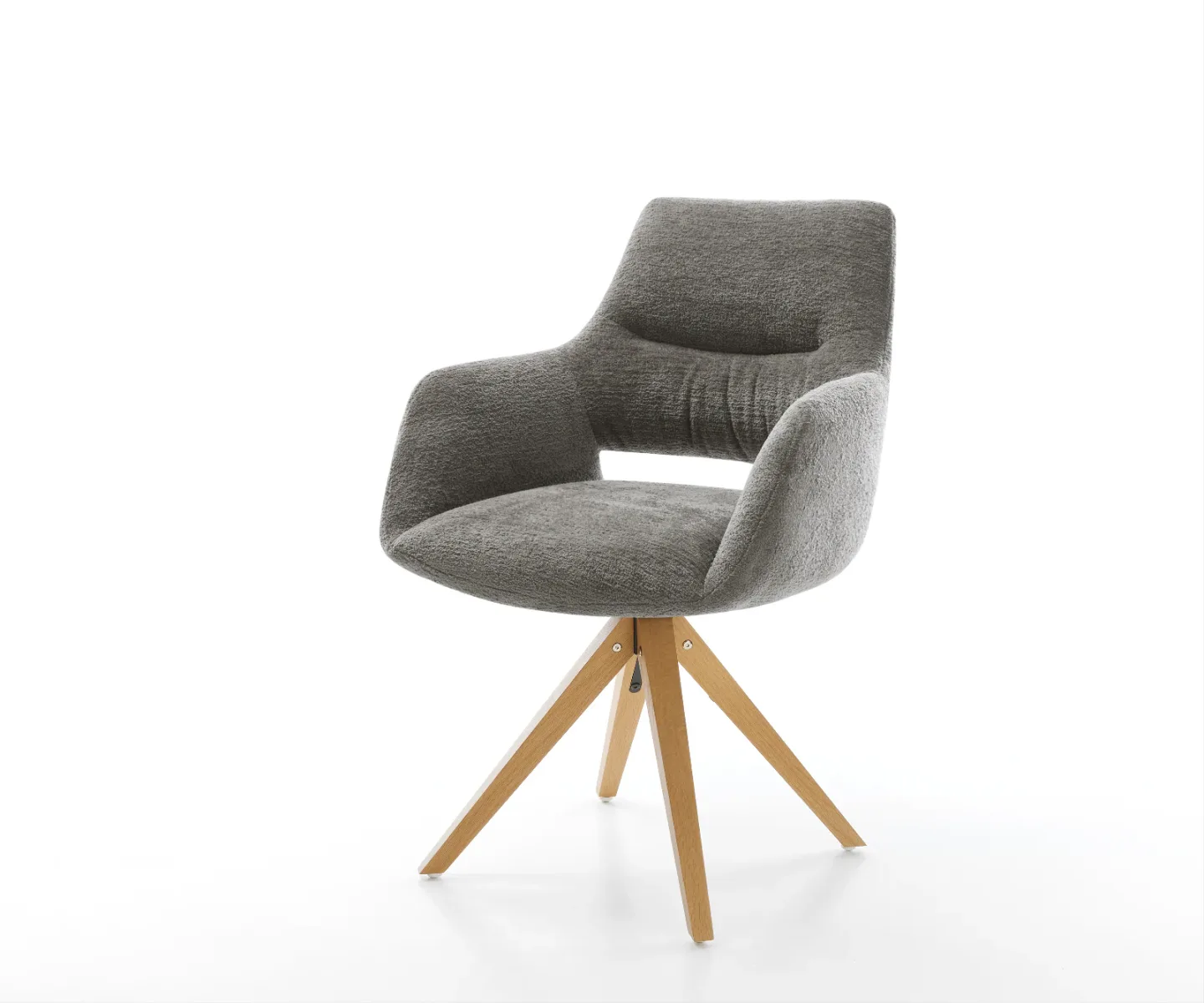 Drehstuhl Yago-Flex mit Armlehnen Bouclé Soft Schlamm Holzgestell kantig Natur 360° drehbar Taschenfederkern