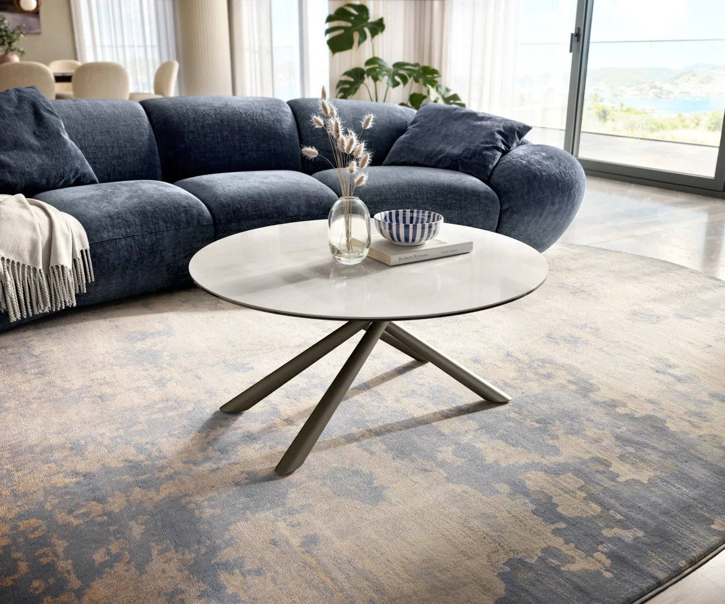 Couchtisch Edge Rund 90x90 cm Keramik Onyx Champagne Sarity Metall Effektfinish Titan