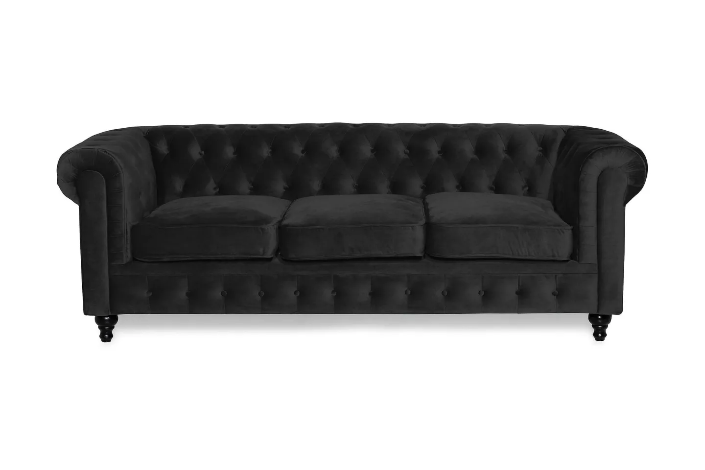 Chesterfield Lyx 3-sits Sammetssoffa - Djup soffa - Svart