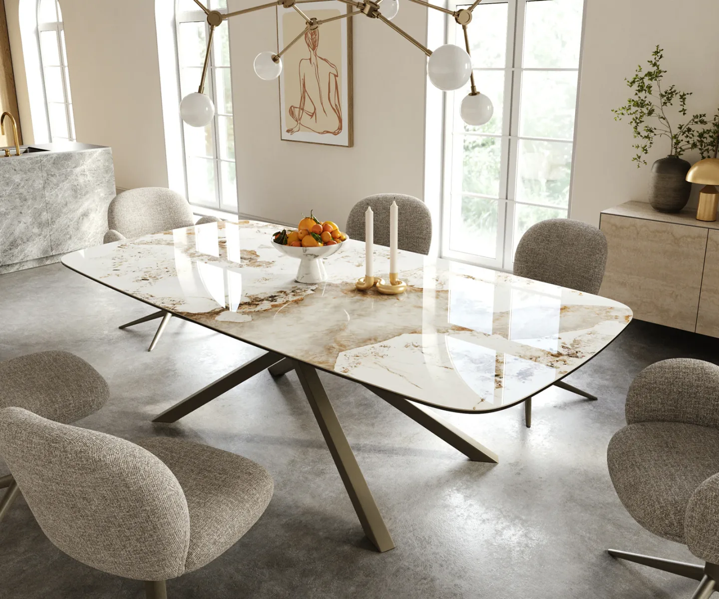 Esstisch Edge Boot 240x120 cm Keramik Minas Melange Weiß-Beige Kreuzgestell Rechteck Effektfinish Titan