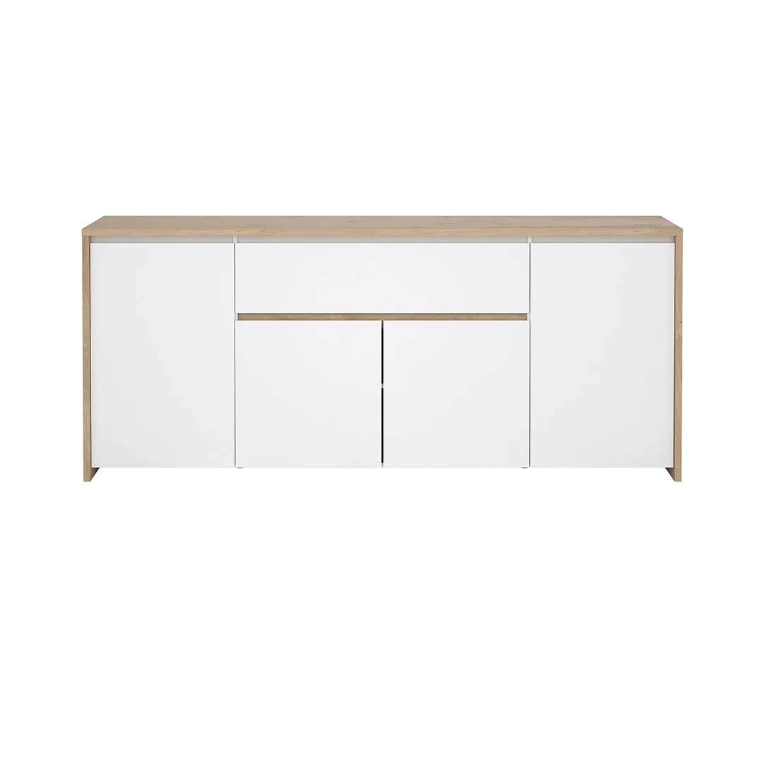 Next Sideboard 4 Türen, 1 Schublade Eichen-Dekor, weiß hochglanz.