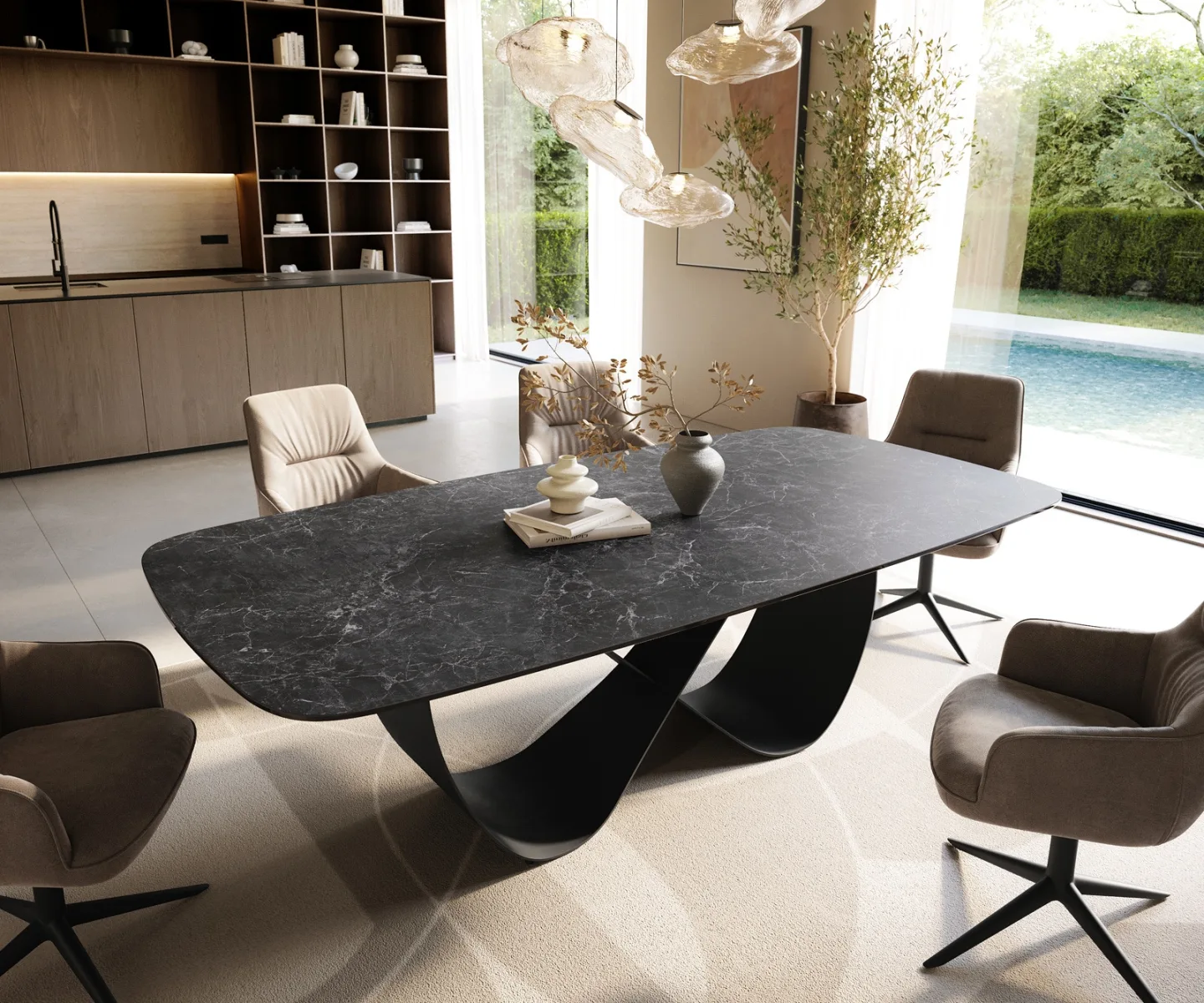 Esstisch Edge Boot 240x120 cm Keramik Laminam® Nero Greco Anthrazit Infinity Metall Schwarz