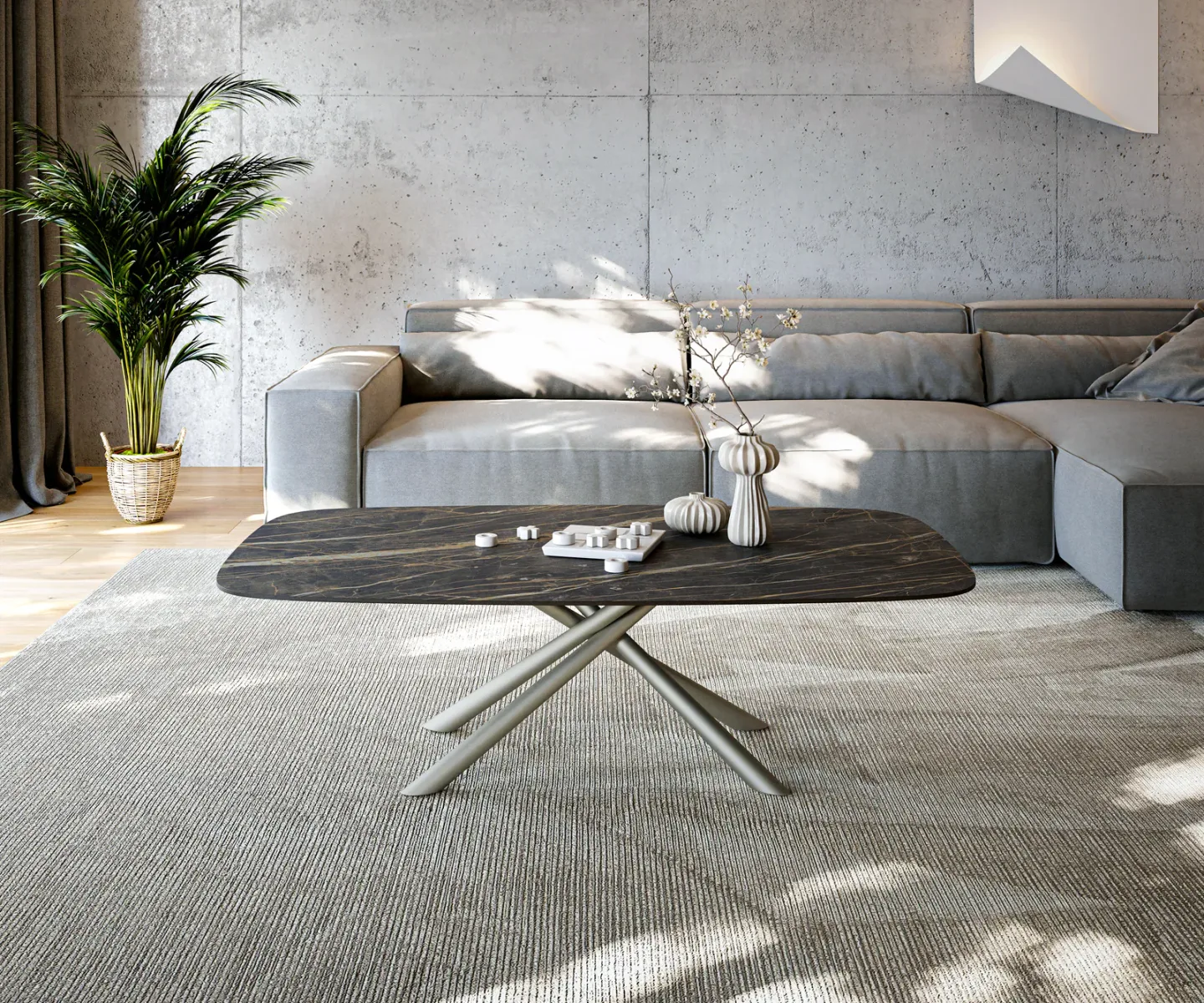 Couchtisch Edge Boot 140x80 cm Keramik Laminam® Noir Desir Braun Sarity Metall Effektfinish Titan