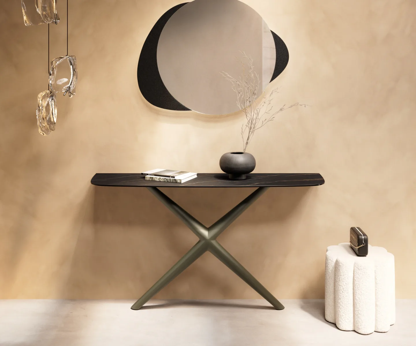 Konsolentisch Edge Boot 140x40 cm Keramik Laminam® Noir Desir Braun Estelo Metall Effektfinish Titan