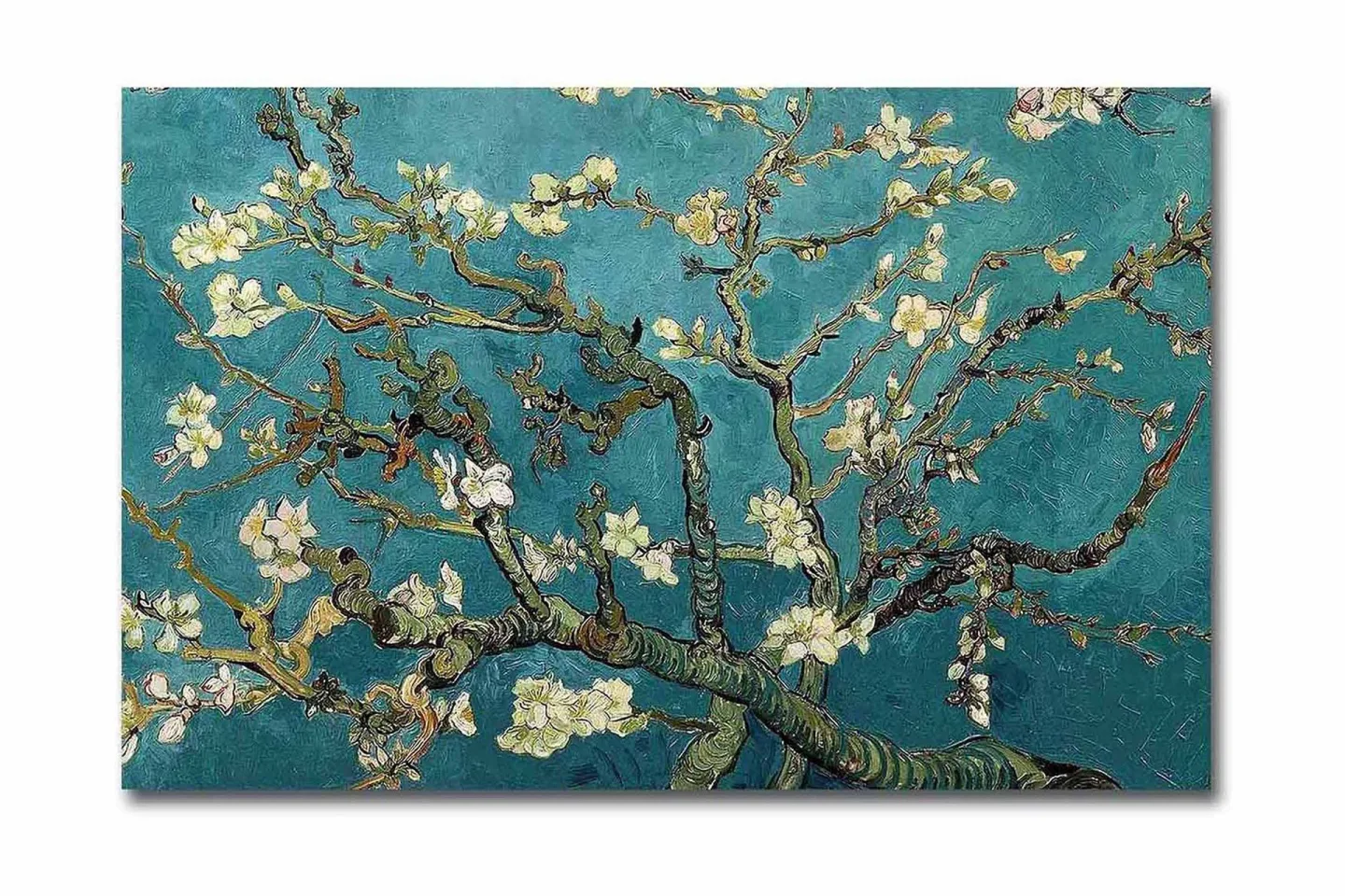 Canvastavla 70x45 cm - Blommande kvistar mot en turkos bakgrund - Turkos / Vit / Mörkgrön