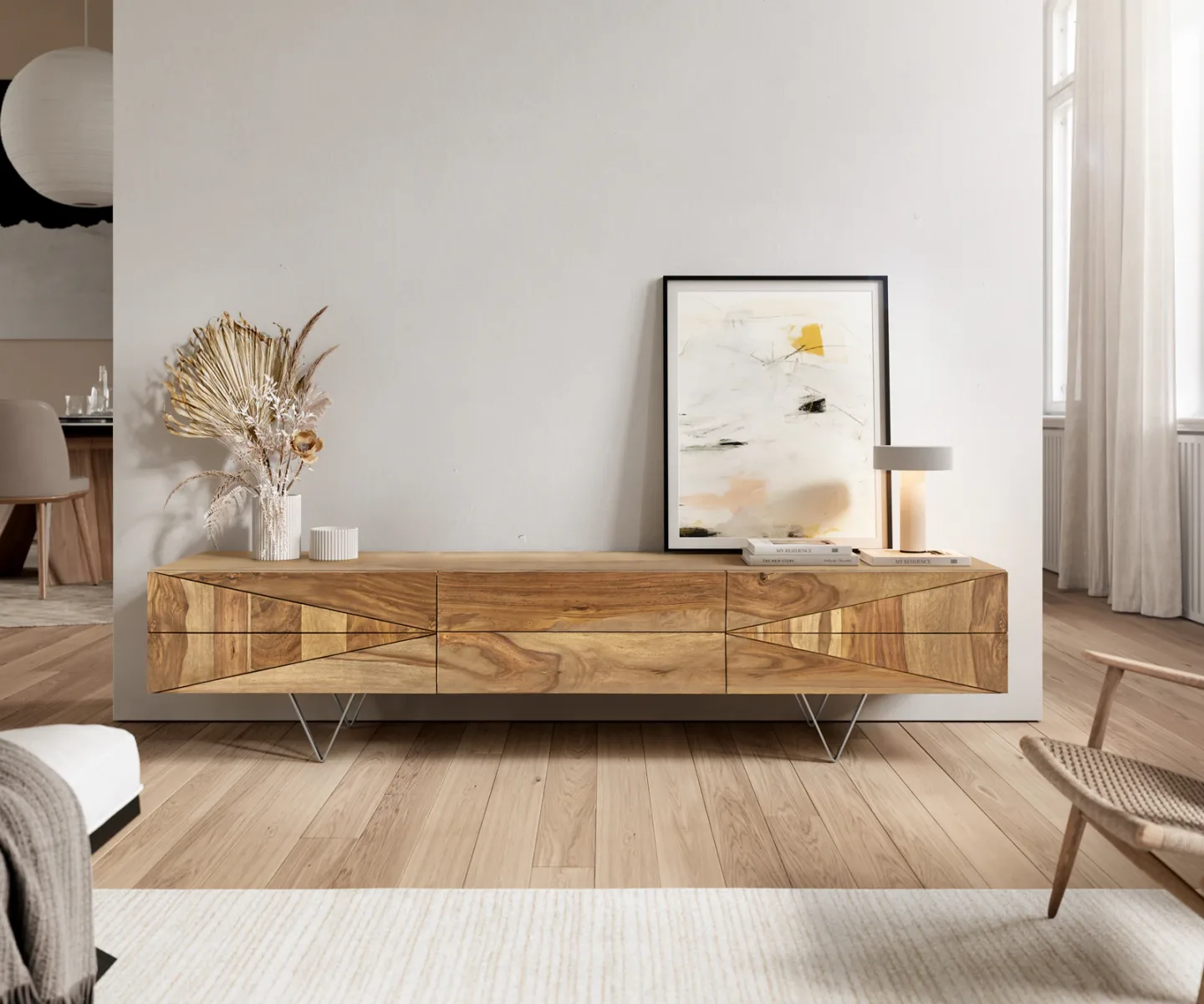 Designer-Lowboard Wyatt 175 cm Sheesham Natur 2 Türen 1 Klappe